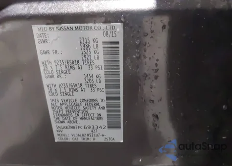 2015 Nissan Pathfinder S из США, поврежденный, VIN 5N1AR2MN7FC693342